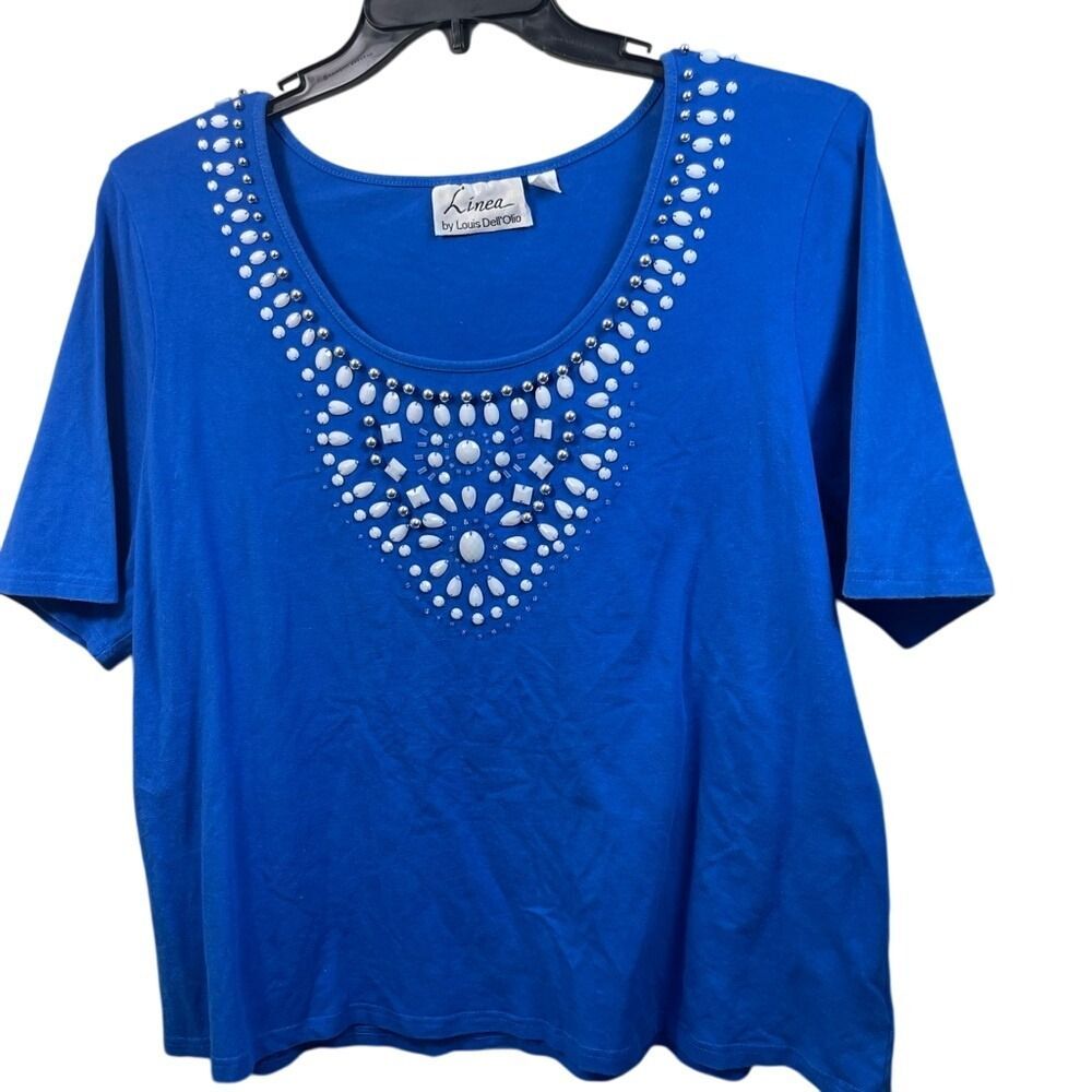 Linea by Louis Dell'Olio Blue Crop Embellished Tee Studded Neck Top Womens 2X